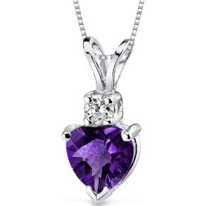PEORA Amethyst with Diamond Heart Pendant for Women 14K White Gold, Genuine Gemstone Birthstone Heart Shape Solitaire, 6mm, 0.80 Carat total with Chain