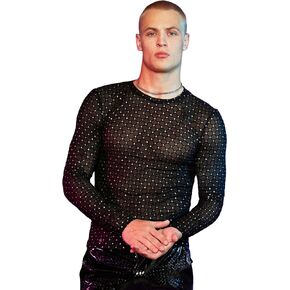 OYOANGLE Men's Glitter See Through Sheer Mesh Round Neck Long Sleeve Party Clubwear Tee Tops
