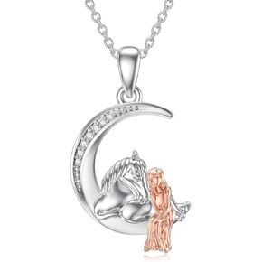 Aihpos Horse Pendant Necklace Sterling Silver Horse With Girl Necklace For Women, Natural Diamond Moon Necklace For Women Horse Necklace Crescent Necklace Jewelry For Her