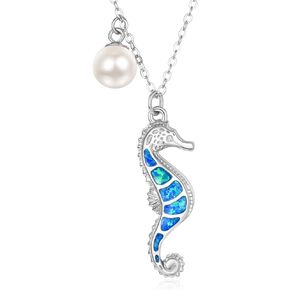 AENEAS Seahorse Necklace Sterling Siver Blue Opal Seahorse Ocean Pendant Jewelry Single Pearl Seahorse Gifts for Women Girls