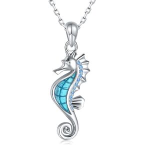 WOUOVO S925 Seahorse Necklace for Women - Beautiful Ocean Animal Pendant Necklaces with Blue CZ,Perfact Jewelry Gift for Mom and Daughter on Birthday and Mother's Day