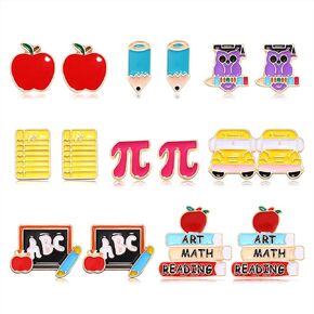 NLCAC 6/8 Pairs Teacher Stud Earrings for Women Girls Colorful Enamel Apple Pencil Book Back To School Earrings Teacher Appreciation Gifts