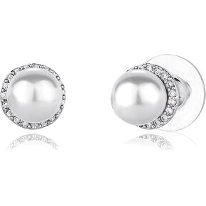 TOPGRILLZ 10mm Shell Pearl Stud Earrings for Women 14K Gold Plated Iced CZ Cultured Freshwater Bridesmaids Wedding Accessory Gift