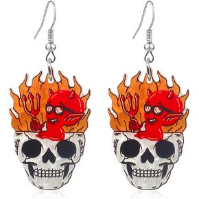 Flame Earring Skull Earrings for Women Girls Acrylic Punk Fire Drop Dangle Earrings Funny Cosplay Halloween Jewelry Gifts