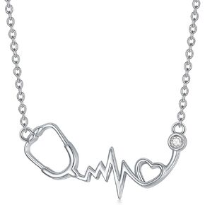 BETHZA Diamond Nurse Necklaces for Women 925 Sterling Silver Heart Stethoscope Necklace Diamond Jewelry Gifts for Doctor Nurse Student Nurses Day (0.03CT)