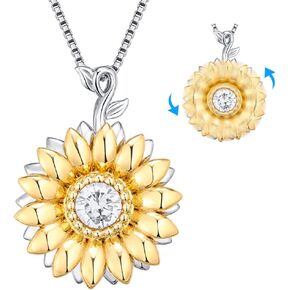 Aniu Golden Rotatable Sunshine Sunflower Pendant Necklace for Women Girls, S925 Sterling Silver You Are My Sunshine Jewelry with 5A Cubic Zirconia