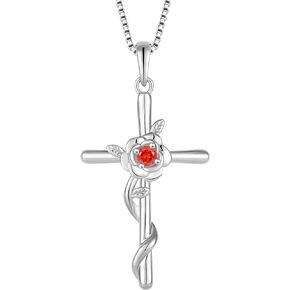 Rocayi Cross Necklace for Women 925 Sterling Silver Rose Flower Birthstone Pendant Crucifix Faith Religion Necklace Created Gemstone Jewelry Gifts for Women Wife Girlfriend Mother Daughter Her