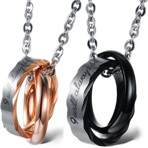 Cupimatch Titanium Stainless Steel 2 Pcs Couple Charm Ring Pendant Necklace, His & Her Interlocking Double Rings Engraved Promise Chain Necklace