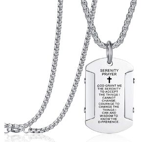Men's Bible Verse Dog Tag Serenity Lord's Prayer Cross Pendant Necklace With 24 Inch Stainless Steel Chain for Boys Women Men Silver Black Gold