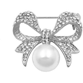 Crystal Bow Brooch Pin White Pearl Bowtie Ribbon Lapel Pin Rhinesonte Bow Knot Badges for Clothing Bag Hat Pants Birthday Christmas Gift