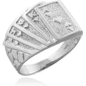 Men's 925 Sterling Silver Lucky Nugget Band Royal Flush of Hearts Poker Ring