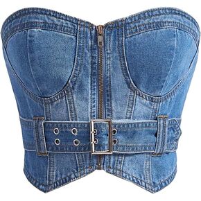 WDIRARA Women's Buckle Belted Asymmetrical Hem Zip Front Strapless Summer Denim Tops