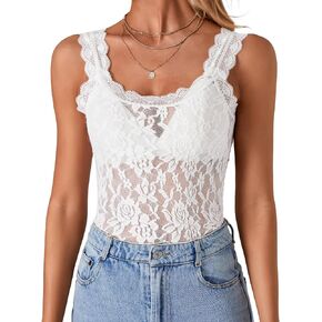 LYANER Women's Floral Lace Scallop Spaghetti Strap Sleeveless Sheer Tank Cami Top Blouse