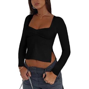 Ccuiwe Women Square Neck Long Sleeve Crop Tops Ruched Front Slim Fit Going Out Shirts