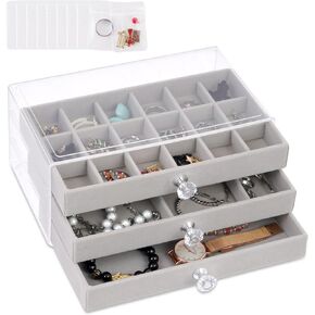 FACULX Earring Jewelry Organizer with 3 Drawers, Earring Holder Organizer Box,10 Pcs Portable Clear Jewelry Bag Set, Velvet Jewelry Box for Women, Gray