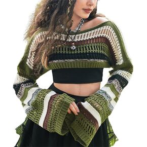 WDIRARA Women's Striped Crochet Crop Sweater Colorblock Drop Shoulder Pullovers Boat Neck Long Sleeve Tops