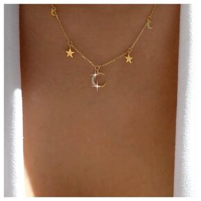 Allereyae Vintage Crystal Crescent Moon Necklace Rhinestone Moon Pendant Necklace Gold Star Dangle Necklace Gold Cz Crescent Necklace Jewelry for Women and Girls