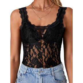 LYANER Women's Floral Lace Scallop Spaghetti Strap Sleeveless Sheer Tank Cami Top Blouse