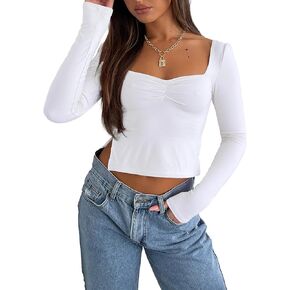 Ccuiwe Women Square Neck Long Sleeve Crop Tops Ruched Front Slim Fit Going Out Shirts