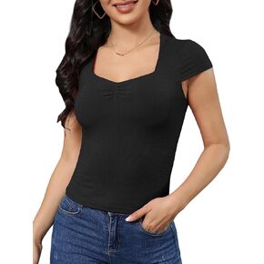 Women's Short Sleeve T Shirts Sexy Square Neck Tops Ribbed Knit Slim Fit Basic Tee 2024 Trendy Clothes