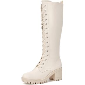 EETTARO Women's Lace Up Knee High Boots Fashion Chunky Block Heel Lug Sole Motorcycle Riding Side Zipper Boot