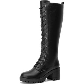 EETTARO Women's Lace Up Knee High Boots Fashion Chunky Block Heel Lug Sole Motorcycle Riding Side Zipper Boot
