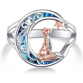 CUPENDA Fox Ring Sterling Silver Fox Moon Abalone Shell Band Ring Cute Fox Jewelry Gifts for Women Girls
