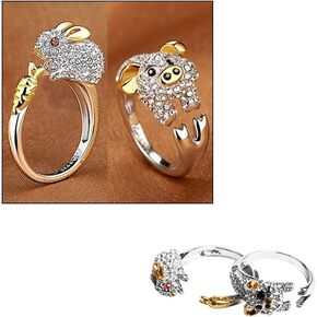 NIANWUDU Wixine 2Pcs Cute Finger Ring Crystals Bunny Jewelry Animal for Women Rabbit Rings &Pig Rings Adjustable