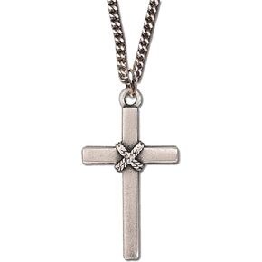 Pewter Cross Necklace with Rope Accent Hung 24" Chain in Gift Box