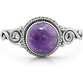 Round Amethyst Spiral Side Ring- 925 Sterling Silver - Ethnic Boho Chic Hand Made Jewelry –Us Size 5-9