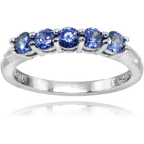 Hoops & Loops Sterling Silver Simulated Tanzanite 3mm Round Polished Five Stone Eternity Band Ring