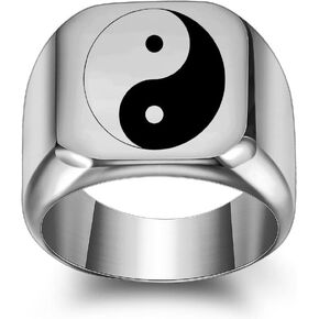 Tai Chi Yin Yang Band Ring Stainless Steel Ba Gua Balance Taoism Zen Spirit Talisman Signet Religion Statement Signet Chunky Biker Band Cool Wide Thumb Middle Knuckle Finger Ring Fashion Jewelry for Men Boys Women Birthday Boyfriend BFF Gifts