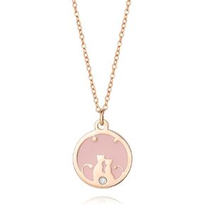 Adorable Cat Couple Necklace - Pink Round Pendant with Diamond Inlay, Ideal Valentine's Day Gift for Her
