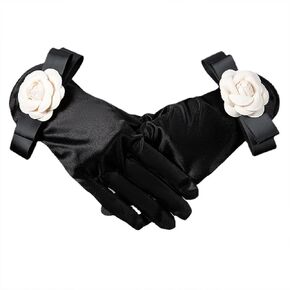 Halloween Black Satin Camellias Gloves Vintage Satin Wedding Gloves for Women Girls Dress up Hepburn Style Black Bridal Gloves Valentine's Day Gift 1920s Party Costume Favors Classic Gloves