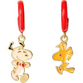 Peanuts Womens Flash Plated Sterling Silver and Enamel Woodstock and Snoopy Earrings - Small Hoop Dangle Earrings with Woodstock and Snoopy Charm - Officially Licensed