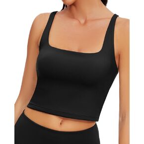 WOWENY Womens Longline Sports Bra Square Neck Workout Crop Tank Tops with Built in Bra Padded Yoga Cami Bras Smooth