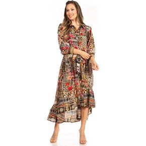 Sakkas Andreas Women's Maxi Long Sleeve Button Down Floral Ruffle Dress Pockets