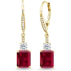 Gem Stone King 18K Yellow Gold Plated Silver Red Created Ruby and White Topaz Dangle Earrings For Women (6.26 Cttw, Gemstone July Birthstone, Emerald Cut 9X7MM)