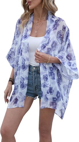 WEIYAN Women's Tops Loose Chiffon Kimono Cardigan Beach Swim Cover up Blouse in Kuwait