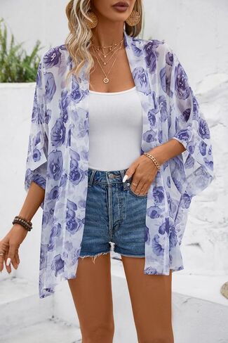 WEIYAN Women's Tops Loose Chiffon Kimono Cardigan Beach Swim Cover up Blouse in Kuwait