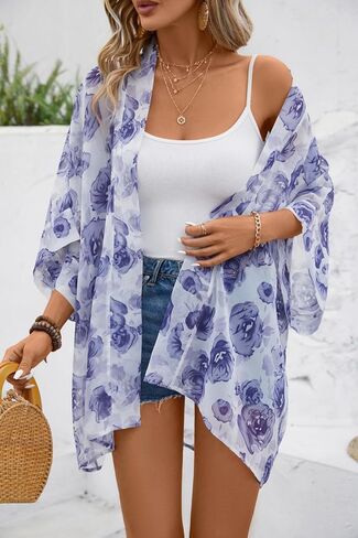 WEIYAN Women's Tops Loose Chiffon Kimono Cardigan Beach Swim Cover up Blouse in Kuwait