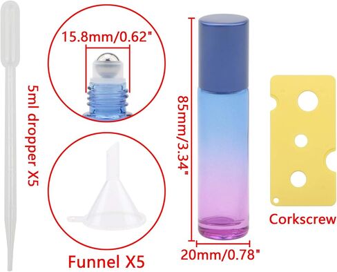 jiuwu 10pcs Roller Bottles 10ml Essential Oil Glass Blue Gradient Blue Screw Cap Bottle with Stainless Steel Roller Ball for Perfume Liquid Cosmetic Travel Vials 1 Opener + 5 Funnels + 5 Droppers in Saudi Arabia