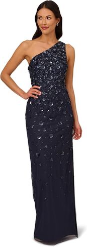 Adrianna Papell Women's One Shoulder Beaded Gown, Dusty Navy in Saudi Arabia