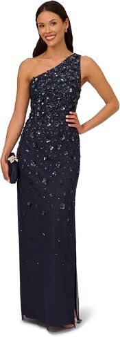 Adrianna Papell Women's One Shoulder Beaded Gown, Dusty Navy in Saudi Arabia
