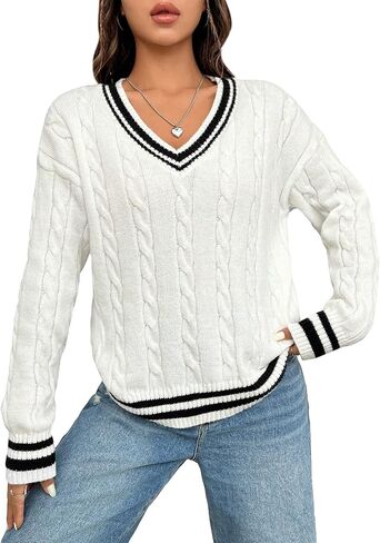 COZYEASE Women's V Neck Sweater Long Sleeve Drop Shoulder Knit Striped Sweater Pullover Trendy Preppy Clothes in Saudi Arabia