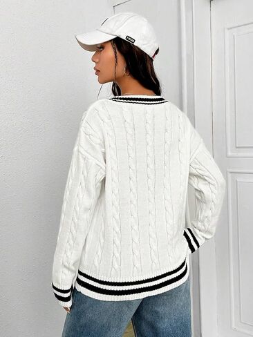COZYEASE Women's V Neck Sweater Long Sleeve Drop Shoulder Knit Striped Sweater Pullover Trendy Preppy Clothes in Saudi Arabia