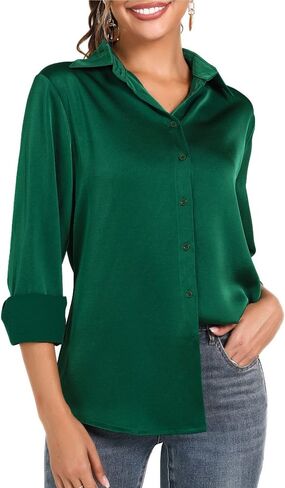LUSMAY Women's Silky Satin Blouses Elegant Long Sleeve Button Down Collared Office Work Shirts Tops in Saudi Arabia