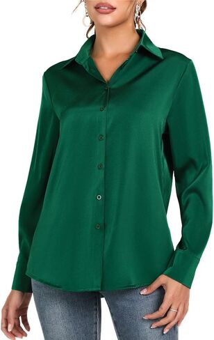 LUSMAY Women's Silky Satin Blouses Elegant Long Sleeve Button Down Collared Office Work Shirts Tops in Saudi Arabia