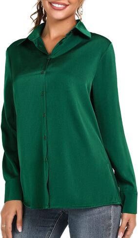 LUSMAY Women's Silky Satin Blouses Elegant Long Sleeve Button Down Collared Office Work Shirts Tops in Saudi Arabia