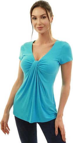 AmélieBoutik Women V Neck Twist Knot Front Casual T-Shirt Short Sleeve Blouse in Saudi Arabia